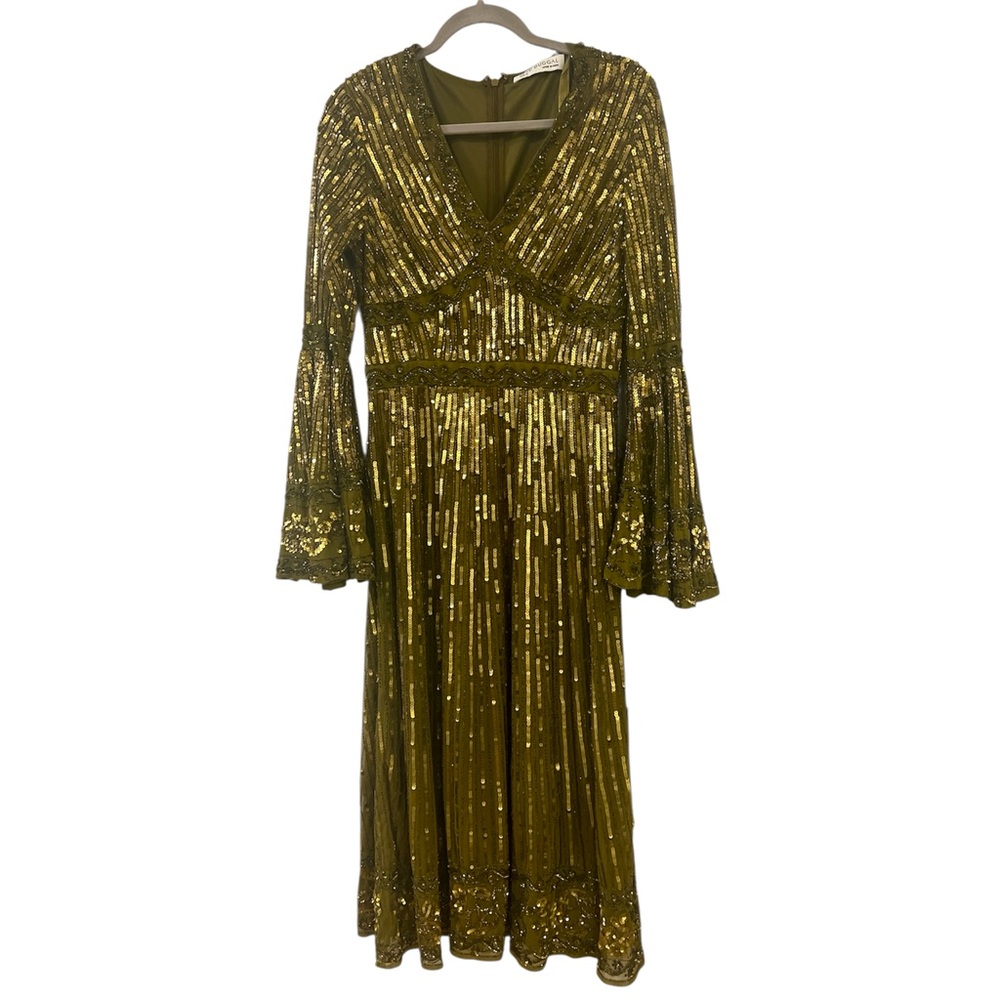Mac Duggal Green Embellished 3/4 Sleeve V Neck A Line Dress Size 6 - Picture 9 of 11
